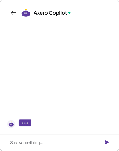 A screenshot of a digital help interface labeled 'axero copilot' featuring a chatbox. the chat includes a user asking for the latest employee handbook and receiving a link to a pdf document.