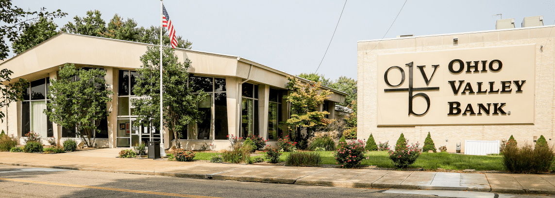 Ohio Valley Bank building exterior with landscaped garden.