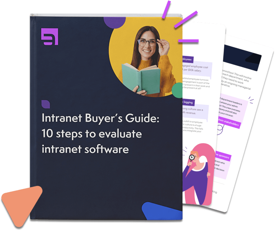 Cover of 'Intranet Buyer's Guide' with a woman holding a book and colorful graphics.