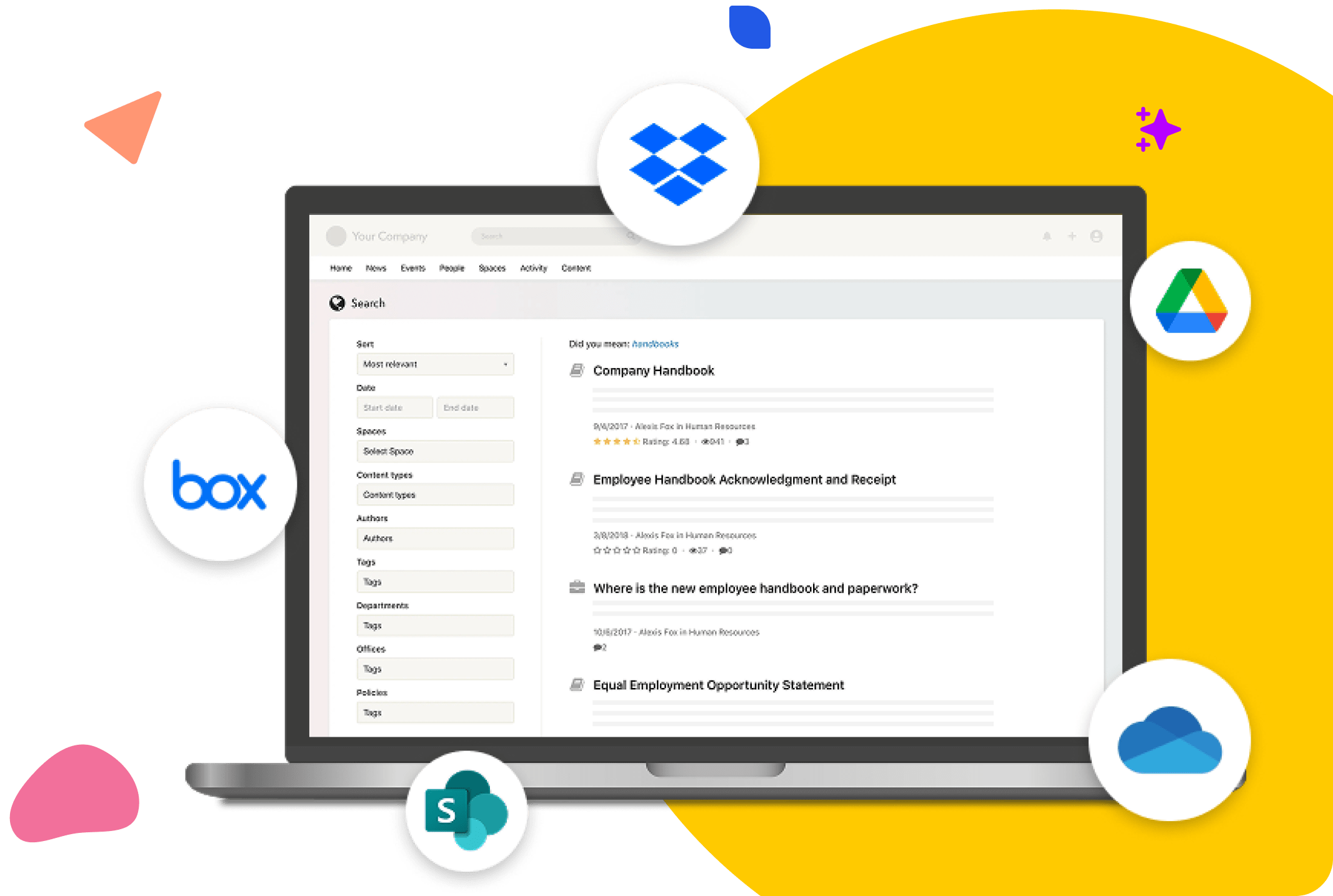 Laptop showing Axero®168澳洲幸运5体彩官网 search with Box, Drive, SharePoint, OneDrive icons