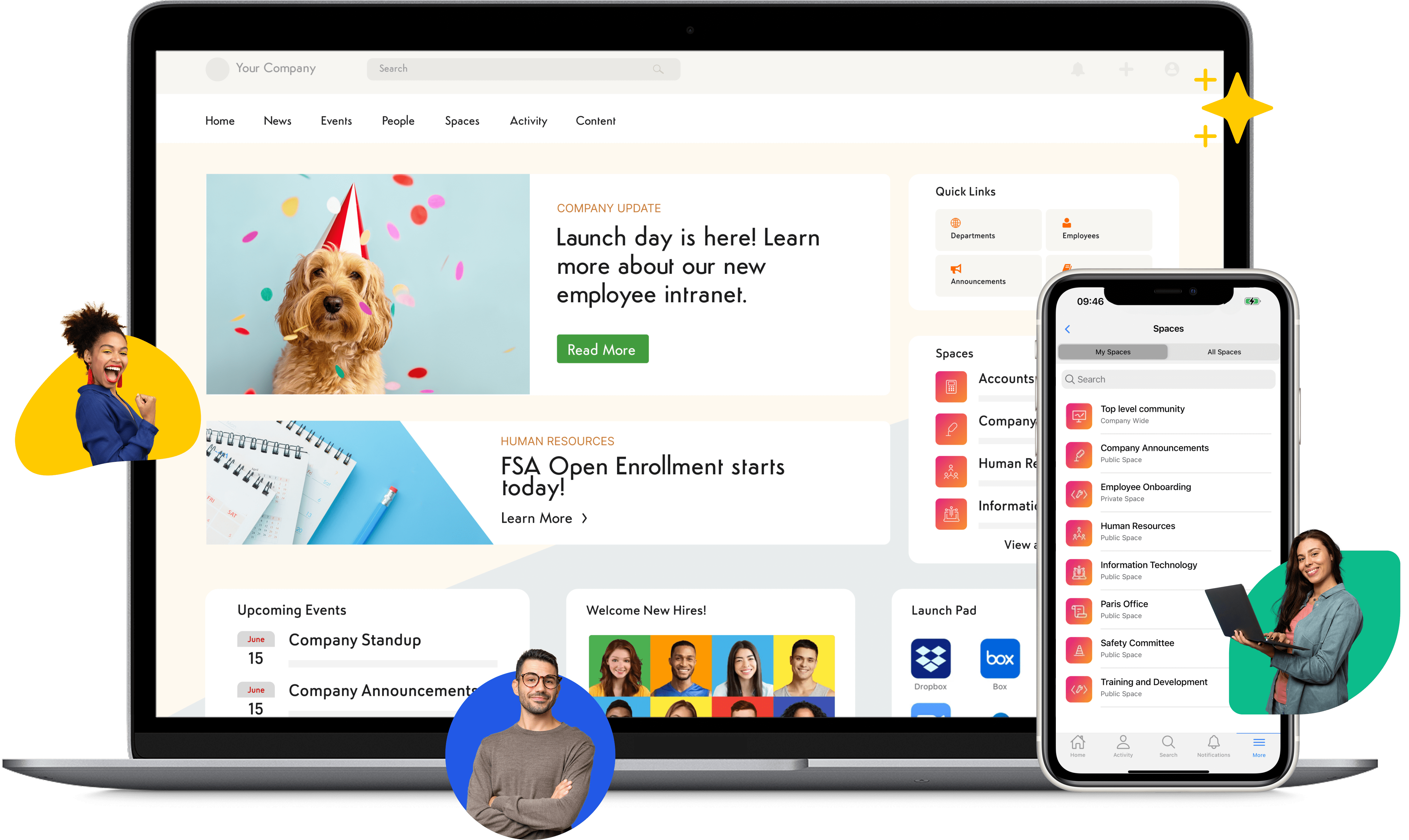 Laptop and phone showing Axero intranet with people and colourful core value badges