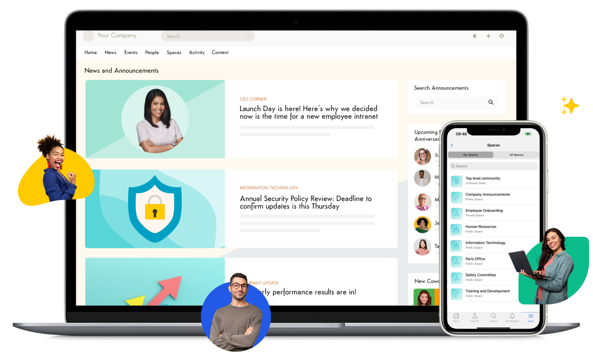 Laptop and phone showing Axero intranet with people and colourful core value badges