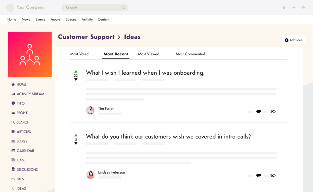 Company intranet ideas forum where employees submit and vote on suggestions for workplace improvements