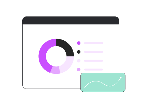 Illustration of a digital dashboard displaying a purple and pink pie chart with bullet points, and a smaller window showing a green wave graph.