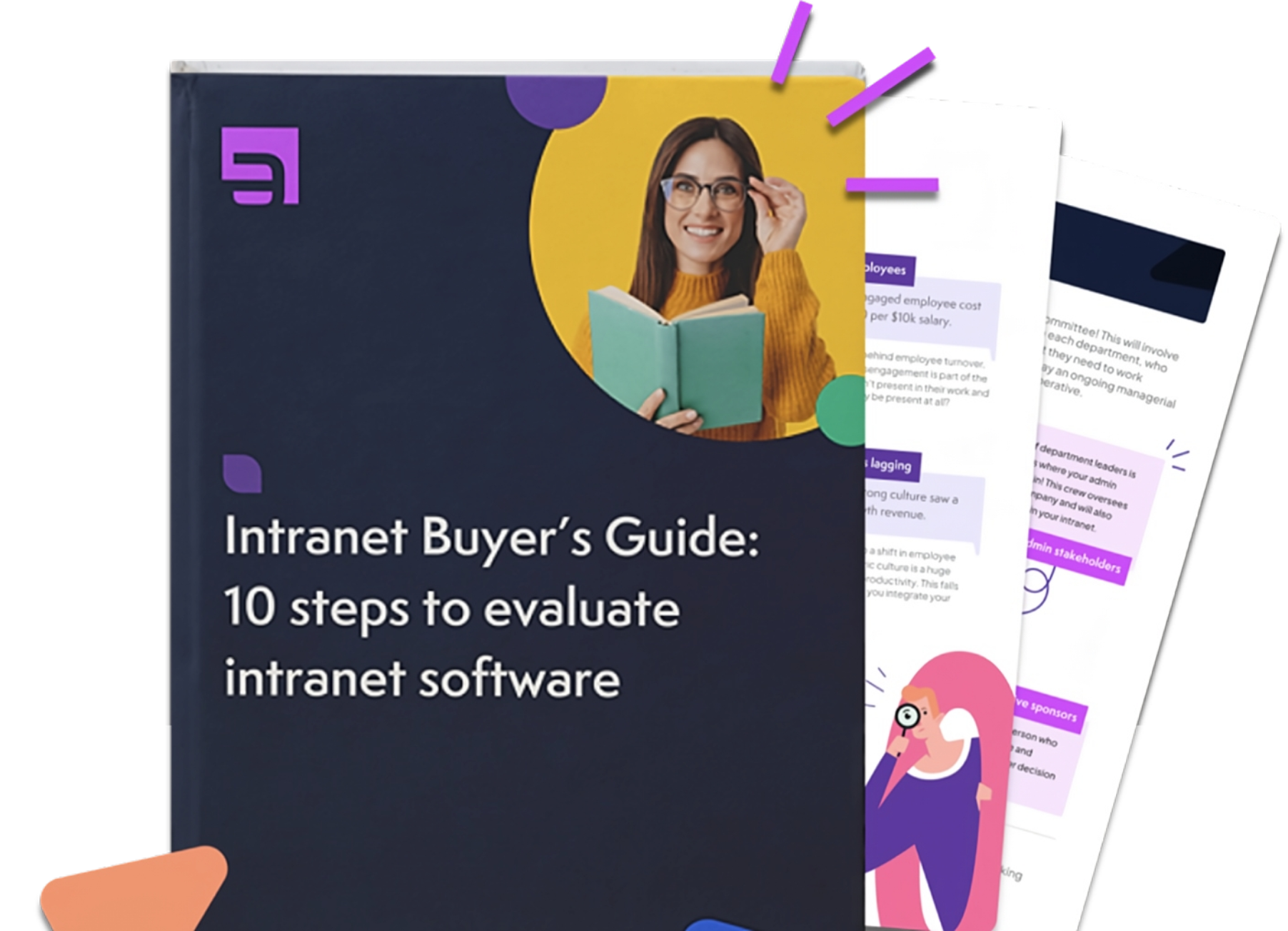 Cover of 'Intranet Buyer’s Guide' with a woman reading, pages showing diagrams.