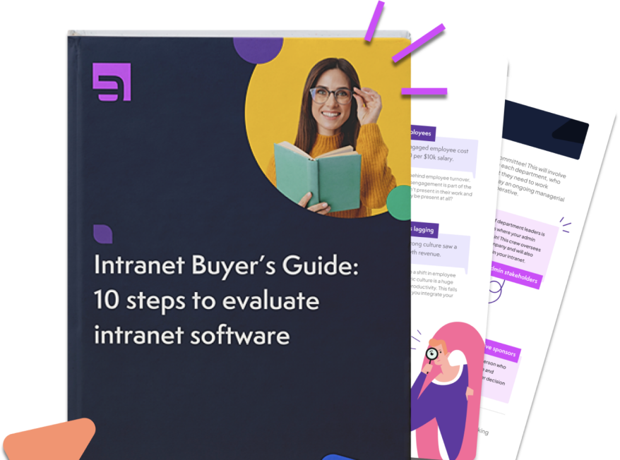 Cover of Intranet Buyer's Guide: 10 Steps to Evaluate Intranet Software w/ a smiling woman holding a book.
