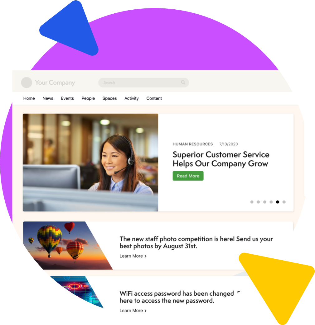 Website homepage with navigation, featured articles, smiling woman with headset, and promo buttons.