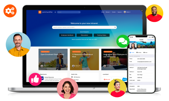 Laptop and phone show new intranet with profiles, article cards, and interactive, vivid icons.