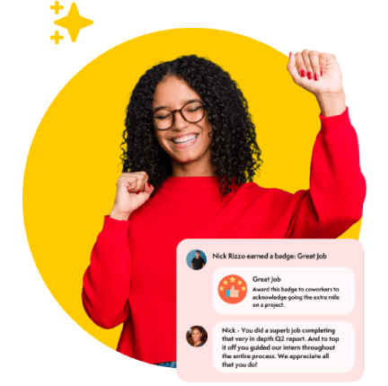 Smiling woman in red sweater celebrates with fists raised against yellow circle; message highlights recognition.