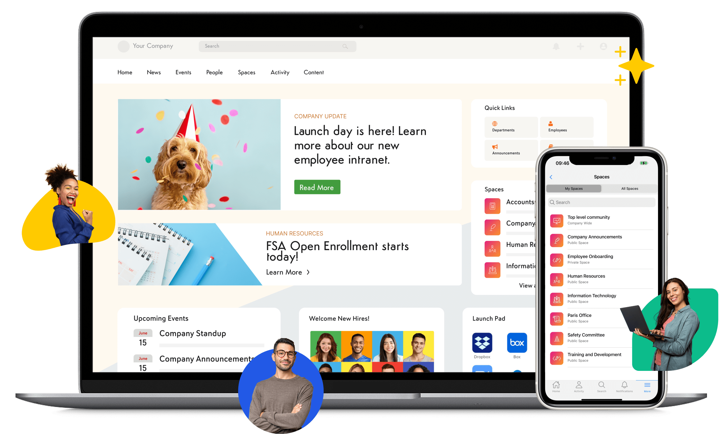Laptop and phone showing Axero intranet with people and colourful core value badges