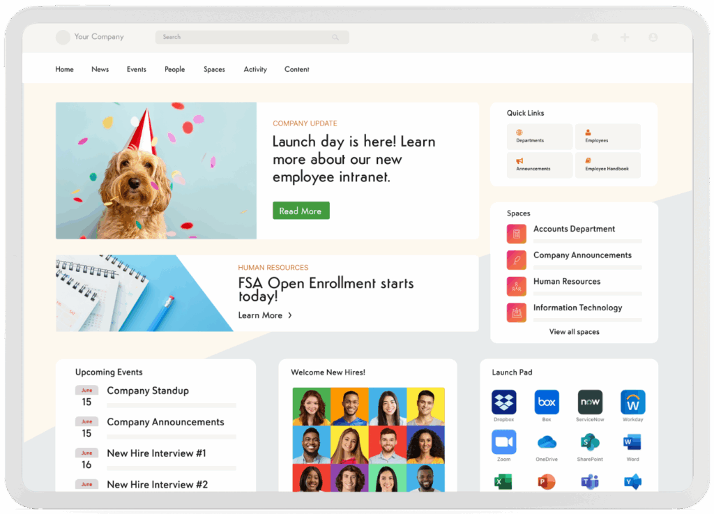 Company intranet interface showing knowledge base categories and recent updates