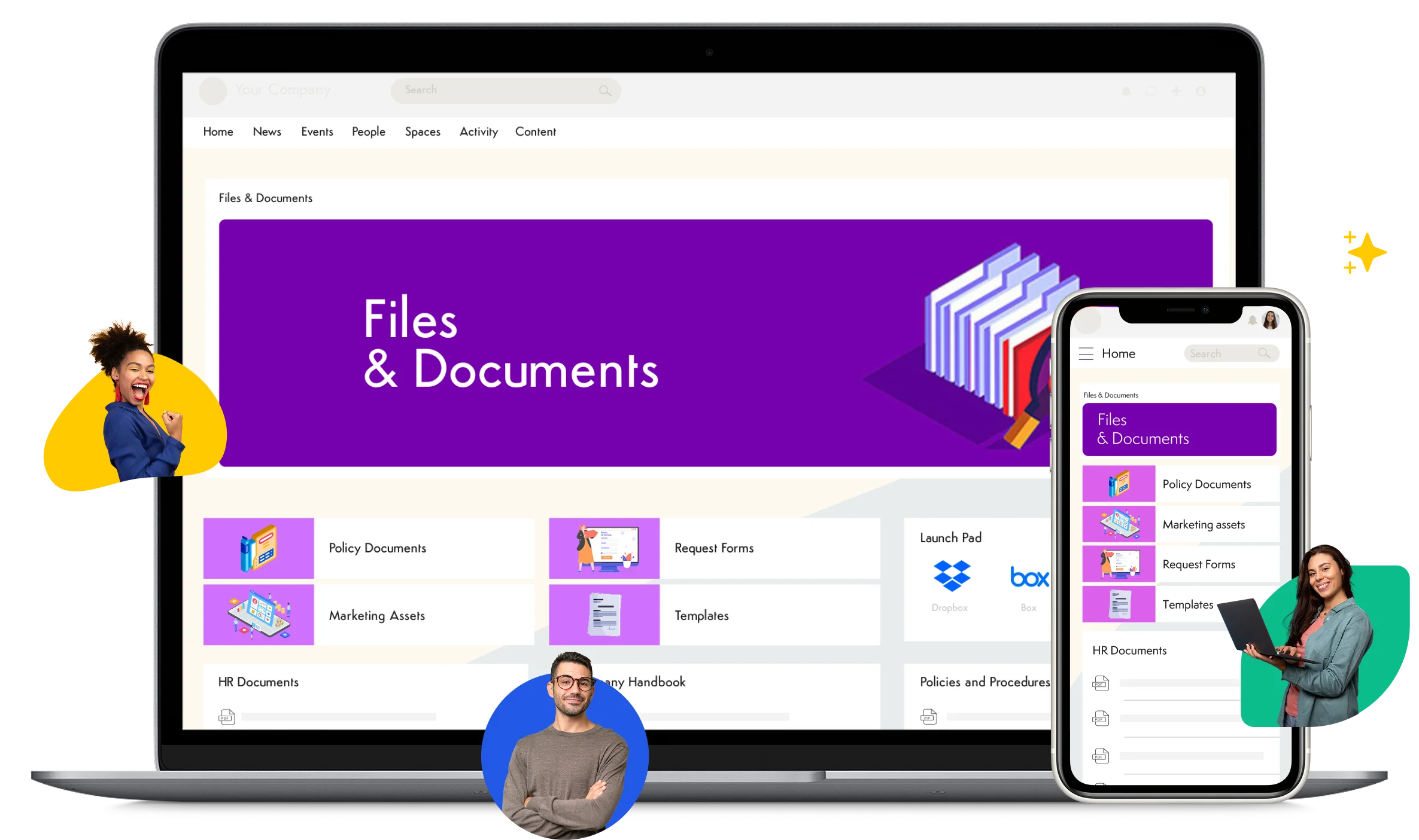 Laptop and phone showing Axero intranet with people and colourful core value badges