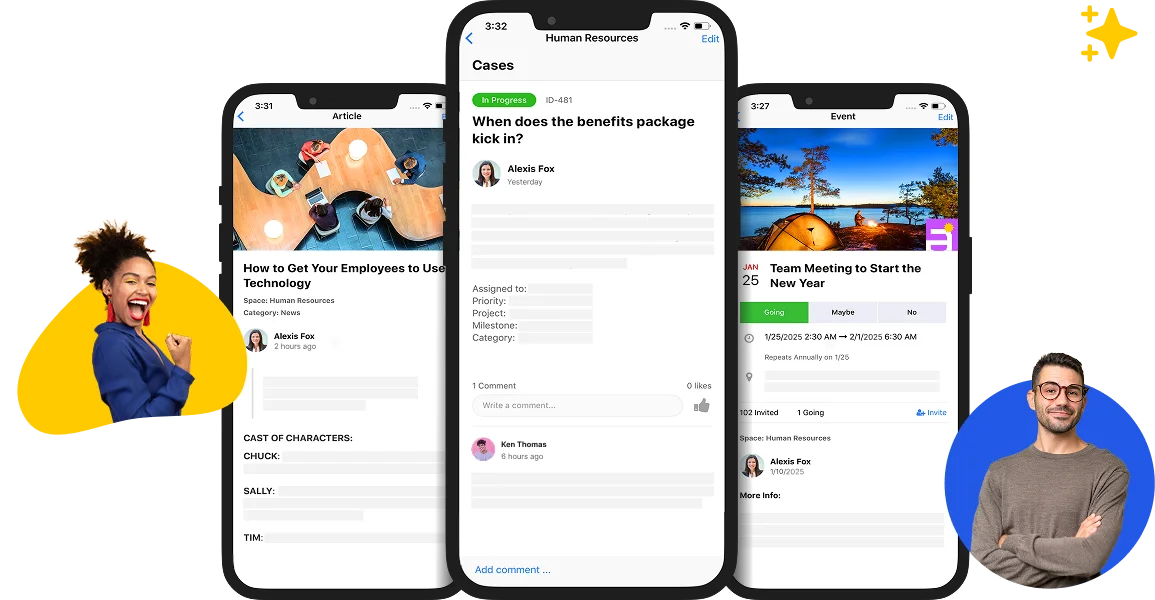 Laptop and phone showing Axero intranet with people and colourful core value badges